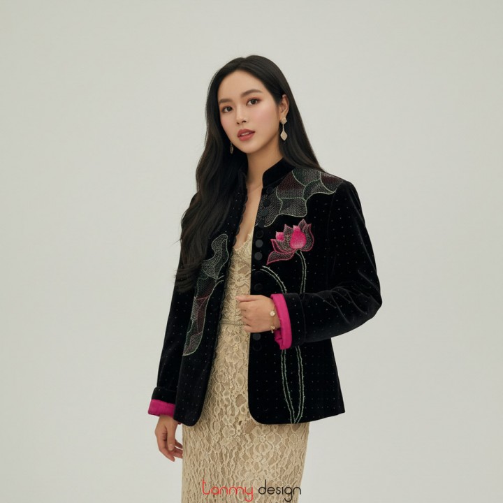 Áo chần bông nhung lụa thêu sen hồng